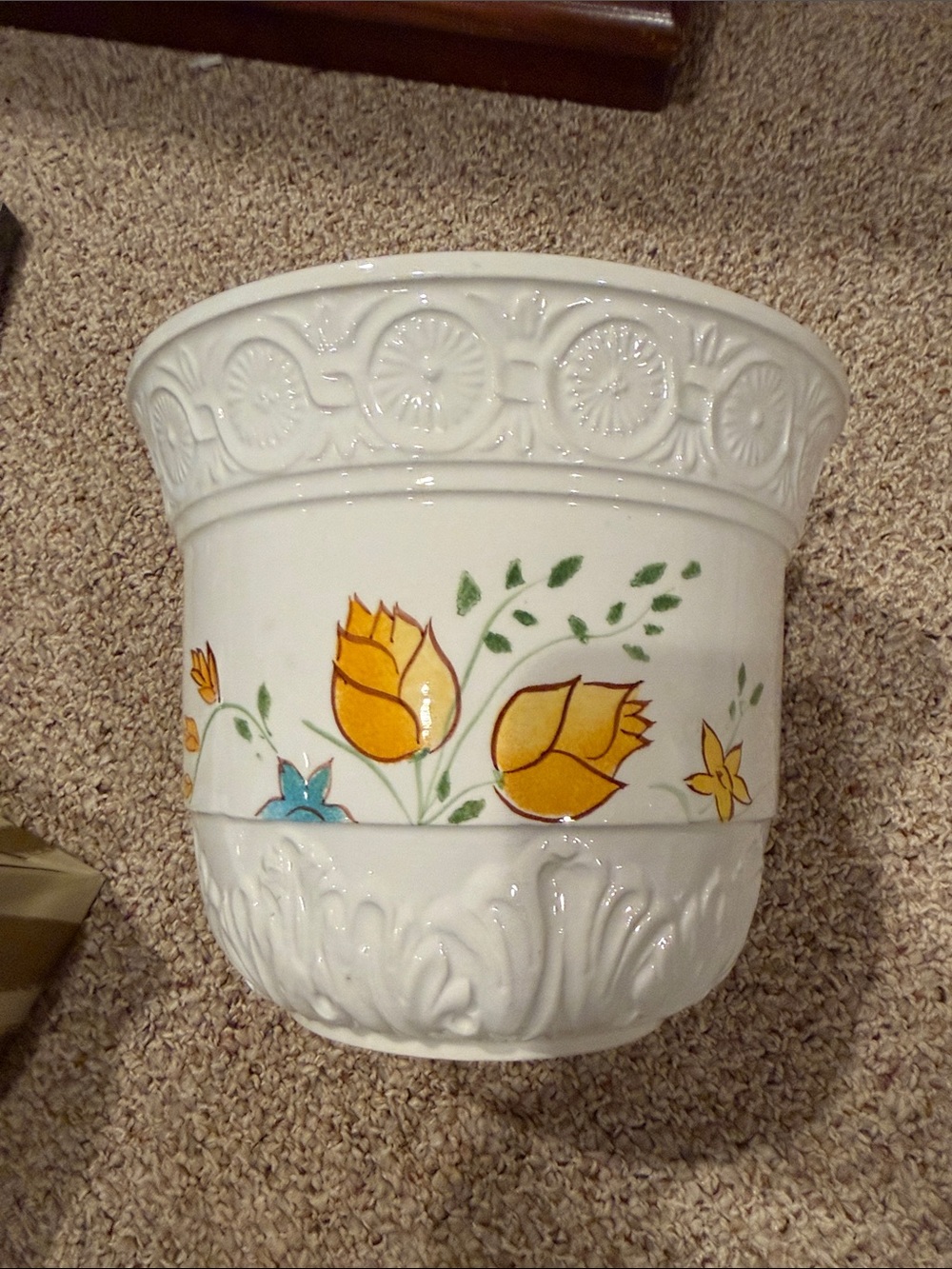 Decorative White Ceramic Planter with Yellow Floral Motif